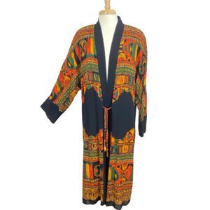Vtg 90s CAROLE LITTLE Tie Front Duster Jacket 8 Med Multicolor Boho RAYON Tribal
